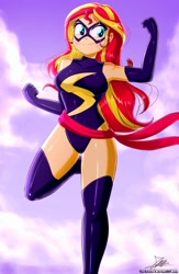 Size: 1020x1560 | Tagged: safe, artist:the-butch-x, imported from derpibooru, sunset shimmer, human, equestria girls, 2020, bare shoulders, boots, breasts, busty sunset shimmer, captain marvel (marvel), clothes, commission, female, gloves, leotard, marvel, marvel comics, motorcross, ms. marvel, old art, shoes, sleeveless, solo, superhero, thighs