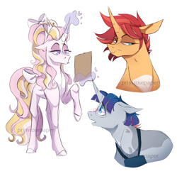 Size: 1280x1235 | Tagged: safe, artist:primrosepaper, imported from derpibooru, oc, oc only, oc:cosmo twinkle, oc:starblaze, oc:wedding bells, pony, unicorn, bow, clipboard, crown, female, glasses, jewelry, levitation, lidded eyes, magic, male, mare, multiple parents, offspring, parent:applejack, parent:fluttershy, parent:pinkie pie, parent:princess cadance, parent:rainbow dash, parent:rarity, parent:shining armor, parent:starlight glimmer, parent:sunburst, parent:twilight sparkle, parents:omniship, parents:shiningcadance, parents:starburst, regalia, simple background, stallion, tail, tail bow, telekinesis, trio, watermark, white background