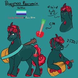 Size: 2126x2126 | Tagged: safe, artist:lieutenantcactus, imported from derpibooru, oc, oc only, oc:bluegrass pearmain, hybrid, pony, body freckles, cloven hooves, freckles, guitar, interspecies offspring, kirin hybrid, male, music notes, musical instrument, offspring, parent:big macintosh, parent:rain shine, pride flag, simple background, solo, stallion, teal background, vincian pride flag