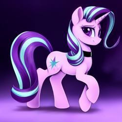 Size: 1024x1024 | Tagged: safe, imported from derpibooru, starlight glimmer, pony, unicorn, ai content, ai generated, choker, female, generator:pony diffusion v1, generator:stable diffusion, looking at you, mare, prompter:siber, raised leg, solo, walking, wrong cutie mark