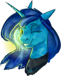 Size: 522x655 | Tagged: safe, artist:stray prey, imported from derpibooru, oc, oc only, oc:sunbeam, crystal pony, pony, unicorn, bust, crystal unicorn, female, horn, looking at you, mare, one eye closed, portrait, simple background, smiling, solo, transparent background, unicorn oc, wink, winking at you