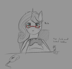 Size: 1000x950 | Tagged: safe, artist:stray prey, imported from derpibooru, oc, oc only, oc:inkwell, oc:lucent, pony, unicorn, bandana, computer mouse, controller, dialogue, female, freckles, glasses, hoof hold, horn, male, mare, micro, partial color, sitting, stallion