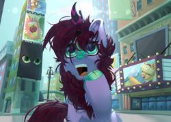 Size: 3500x2500 | Tagged: safe, artist:medkit, imported from derpibooru, oc, oc only, kirin, pony, big eyes, blue sky, city, complex background, day, ear fluff, eyes open, female, fluffy, halfbody, high res, hoof over mouth, horn, horseshoes, looking up, manehattan, mare, open mouth, paint tool sai 2, raised eyebrows, raised hoof, short mane, sky, solo, standing, sun, tail, teeth, wondering