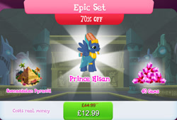 Size: 1266x855 | Tagged: safe, imported from derpibooru, prince hisan, pegasus, pony, blue coat, blue fur, bucket, bundle, bush, clothes, costs real money, egyptian, egyptian headdress, egyptian pony, english, fake beard, gameloft, gem, male, numbers, official, orange mane, orange tail, palm tree, pyramid, sale, see-through, short tail, solo, solo focus, spread wings, stallion, statue, tail, text, tree, vase, wings
