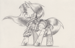 Size: 971x622 | Tagged: safe, artist:saturdaymorningproj, imported from derpibooru, oc, oc only, oc:barbwire, earth pony, pony, monochrome, solo