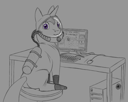 Size: 1700x1350 | Tagged: safe, artist:stray prey, imported from derpibooru, oc, oc only, oc:lucent, pony, unicorn, computer, computer mouse, coronavirus, covid-19, hazmat suit, looking at you, looking back, looking back at you, male, partial color, solo, stallion