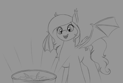 Size: 1850x1250 | Tagged: safe, artist:stray prey, imported from derpibooru, oc, oc only, oc:flare, bat pony, pony, bat pony oc, bat wings, chicken meat, female, food, fried chicken, gray background, mare, meat, monochrome, open mouth, open smile, ponies eating meat, simple background, smiling, solo, spread wings, wings