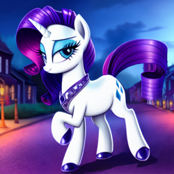 Size: 1024x1024 | Tagged: safe, imported from derpibooru, rarity, pony, unicorn, ai content, ai generated, female, generator:pony diffusion v1, generator:stable diffusion, hoof shoes, jewelry, looking at you, mare, prompter:siber, raised leg, regalia, solo