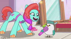 Size: 360x202 | Tagged: safe, imported from derpibooru, screencap, bird, earth pony, pony, seagull, spoiler:tyts01e32, animated, annoyed, baby critters, bed, cartoon physics, cupboard, female, flying, g5, gif, hoof polish, jazz hooves, kenneth, male, mare, microphone, mirror, my little pony: tell your tale, oof, slapstick, solo, tin can, tugging