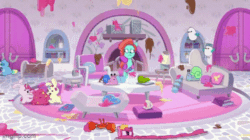 Size: 360x202 | Tagged: safe, imported from derpibooru, screencap, bird, crab, earth pony, pony, rabbit, spoiler:g5, spoiler:my little pony: tell your tale, spoiler:tyts01e32, animal, animated, annoyed, baby critters, cake, chaos, critters, door, female, flying, food, g5, gif, imgflip, jazz hooves, kenneth, lounge, mare, mcsnips-a-lot, messy, my little pony: tell your tale, raccoonicorn, splatter, swinging, unamused