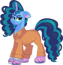 Size: 3927x4063 | Tagged: safe, artist:fizzlefer, imported from derpibooru, pony, unicorn, clothes, cuffs, g5, grumpy, jumpsuit, misty brightdawn, never doubt rainbowdash69's involvement, prison outfit, prisoner, prisoner misty, shackles, simple background, solo, transparent background