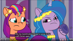 Size: 1483x837 | Tagged: safe, edit, edited screencap, imported from derpibooru, screencap, izzy moonbow, sunny starscout, earth pony, pony, unicorn, spoiler:tyts01e32, baby critters, caption, foreshadowing, g5, meme, my little pony: tell your tale, youtube caption