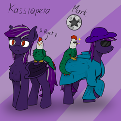 Size: 2953x2953 | Tagged: safe, artist:thatsbadboi, imported from derpibooru, oc, oc:cassiopeia, bat pony, cockatrice, bat pony oc, concept art, cutie mark, fangs, glasses, mantle, pet, purple background, simple background, wings