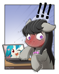 Size: 1600x2000 | Tagged: safe, artist:symbianl, imported from derpibooru, dj pon-3, octavia melody, vinyl scratch, earth pony, pony, unicorn, blushing, computer, female, floppy ears, komi can't communicate, laptop computer, lesbian, scratchtavia, shipping, tavi can't communicate