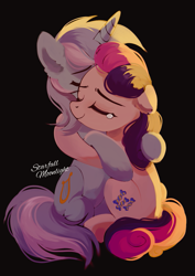 Size: 849x1200 | Tagged: safe, artist:starfallmoonlight, imported from derpibooru, bon bon, lyra heartstrings, sweetie drops, earth pony, pony, unicorn, black background, crying, cute, female, hug, lesbian, lyrabon, mare, shipping, simple background, sweet dreams fuel