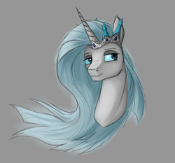 Size: 1500x1400 | Tagged: safe, artist:stray prey, imported from derpibooru, oc, oc only, oc:glaciess lorica, pony, unicorn, bust, crown, female, gray background, horn, jewelry, mare, portrait, regalia, simple background, solo