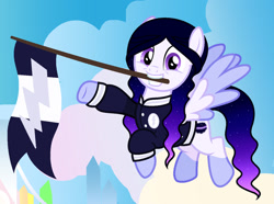 Size: 1280x953 | Tagged: safe, artist:cindystarlight, artist:katnekobase, imported from derpibooru, oc, oc:night light star, pegasus, pony, base used, female, flag, mare, mouth hold, solo, varsity jacket