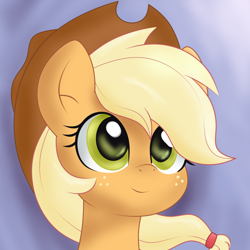 Size: 1024x1024 | Tagged: safe, artist:sparkfler85, imported from derpibooru, part of a set, applejack, earth pony, pony, ai assisted, ai content, applejack's hat, bust, cowboy hat, cute, female, freckles, generator:thisponydoesnotexist, hat, jackabetes, portrait, redraw, simple background, solo