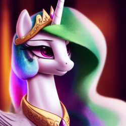 Size: 1024x1024 | Tagged: safe, imported from derpibooru, princess celestia, alicorn, pony, ai content, ai generated, beautiful, bust, crown, cute, female, g4, generator:purplesmart.ai, generator:stable diffusion, jewelry, mare, portrait, regalia, slim, smiling, solo