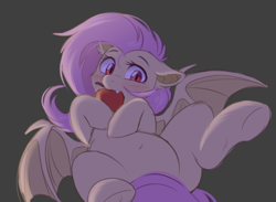 Size: 1132x828 | Tagged: safe, artist:higgly-chan, imported from derpibooru, fluttershy, bat pony, pegasus, pony, apple, bat ears, bat eyes, bat ponified, bat wings, belly, belly button, biting, blushing, cute, eating, fangs, female, floppy ears, flutterbat, food, herbivore, looking at you, lying down, mare, nom, on back, plump, race swap, red eyes, shyabetes, solo, wings