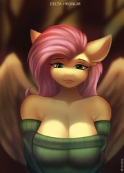 Size: 1750x2430 | Tagged: safe, artist:delta hronum, imported from derpibooru, fluttershy, anthro, pegasus, big breasts, breasts, bust, busty fluttershy, cleavage, clothes, female, lips, lipstick, looking at you, mare, off shoulder, off shoulder sweater, solo, stupid sexy fluttershy, sweater, tree