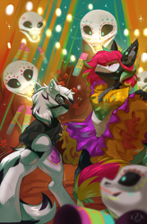 Size: 2018x3067 | Tagged: safe, artist:beardie, imported from derpibooru, oc, oc:season's greetings, oc:yiazmat, draconequus, semi-anthro, unicorn, calavera (skull), chest fluff, clothes, costume, couple, dancing, dia de los muertos, draconequus oc, dress, female, flower, horn, horns, lights, makeup, male, shipping, skull, tree, unicorn oc