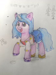 Size: 2914x3886 | Tagged: safe, artist:syndyfon, imported from derpibooru, izzy moonbow, pony, unicorn, clothes, g5, hippie, solo, traditional art