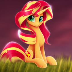 Size: 1024x1024 | Tagged: safe, imported from derpibooru, sunset shimmer, pony, unicorn, ai content, ai generated, female, generator:pony diffusion v1, generator:stable diffusion, looking at you, mare, prompter:siber, sitting, slim, smiling, smiling at you, solo, thin