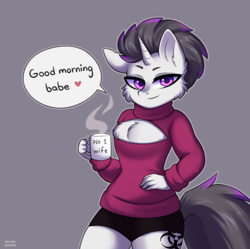 Size: 2200x2187 | Tagged: safe, artist:alunedoodle, imported from derpibooru, oc, oc:haze rad, anthro, unicorn, cheek fluff, chest fluff, clothes, coffee, coffee mug, commission, crossdressing, femboy, implied gay, keyhole turtleneck, looking at you, male, mug, shorts, smiling, smiling at you, smirk, solo, sweater, tail, turtleneck, two toned hair, two toned mane, two toned tail, ych result, your character here