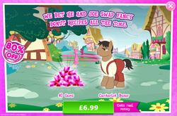 Size: 1960x1293 | Tagged: safe, imported from derpibooru, puff pastry, earth pony, pony, advertisement, baker, brown coat, brown fur, brown mane, brown tail, clothes, costs real money, english, gameloft, gem, hat, implied donut joe, male, numbers, official, sale, short tail, solo, solo focus, stallion, tail, text, tree