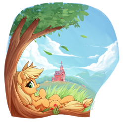 Size: 1706x1714 | Tagged: safe, artist:zeepheru_pone, imported from derpibooru, applejack, earth pony, pony, applejack's hat, aside glance, chest fluff, cloud, cowboy hat, ear fluff, falling leaves, female, full body, grass, hat, leaves, looking at you, lying down, mare, mountain, on back, open mouth, outdoors, solo, sweet apple acres, sweet apple acres barn, tree, under the tree