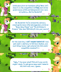 Size: 2048x2406 | Tagged: safe, idw, imported from derpibooru, angel wings, applejack, buck withers, clear skies, karat, princess luna, thunderlane, earth pony, pony, applejack's hat, billy, cowboy hat, dialogue, event, game screencap, gameloft, ham pony, hat, idw showified, microphone, official