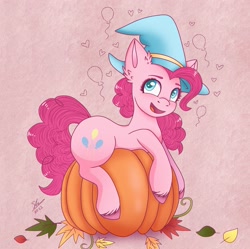 Size: 2169x2160 | Tagged: safe, artist:galaxy swirl, imported from derpibooru, pinkie pie, earth pony, pony, ear fluff, hat, leaves, pumpkin, solo