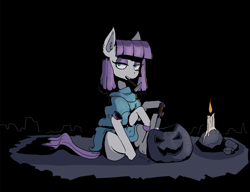 Size: 1754x1346 | Tagged: safe, artist:paskanaakka, derpibooru exclusive, imported from derpibooru, maud pie, earth pony, pony, black background, candle, chisel, colored hooves, ear fluff, eyeshadow, halloween, hammer, holiday, jack-o-lantern, lidded eyes, makeup, mlp fim's twelfth anniversary, mouth hold, pumpkin, rock, simple background, sitting, solo, unshorn fetlocks