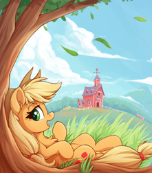 Size: 1080x1220 | Tagged: safe, alternate version, artist:zeepheru_pone, imported from derpibooru, applejack, earth pony, pony, applejack's hat, aside glance, chest fluff, cloud, cowboy hat, ear fluff, falling leaves, female, full body, grass, hat, leaves, looking at you, lying down, mare, mountain, on back, open mouth, outdoors, solo, sweet apple acres, sweet apple acres barn, tree, under the tree