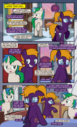 Size: 1920x3168 | Tagged: safe, artist:alexdti, imported from derpibooru, oc, oc only, oc:dark purple, oc:purple creativity, oc:star logic, pegasus, pony, unicorn, comic:quest for friendship, bracelet, comic, dialogue, ears back, eye contact, female, folded wings, glasses, glowing, glowing horn, grin, high res, hooves, horn, jewelry, lidded eyes, looking at each other, looking at someone, magic, male, mare, open mouth, open smile, pegasus oc, raised eyebrow, raised hoof, raised leg, sitting, smiling, speech bubble, stallion, tail, telekinesis, two toned mane, unicorn oc, wings