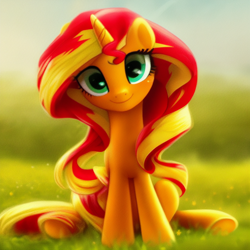 Size: 1024x1024 | Tagged: safe, imported from derpibooru, sunset shimmer, pony, unicorn, ai content, ai generated, cute, female, generator:pony diffusion v1, generator:stable diffusion, head tilt, looking at you, mare, prompter:siber, sitting, smiling, smiling at you, solo