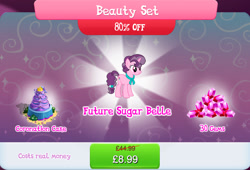 Size: 1266x861 | Tagged: safe, imported from derpibooru, sugar belle, pony, unicorn, bundle, cake, crown, english, female, food, gameloft, gem, horn, jewelry, mare, numbers, official, older, older sugar belle, pink coat, pink fur, purple mane, purple tail, regalia, sale, solo, solo focus, tail, text