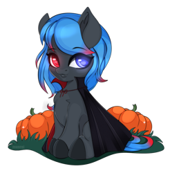 Size: 1422x1446 | Tagged: safe, artist:munrei, imported from derpibooru, oc, oc only, oc:midnight bloom, pony, chibi, clothes, commission, costume, cute, fangs, halloween, halloween costume, heterochromia, holiday, pumpkin, simple background, solo, transparent background, ych result