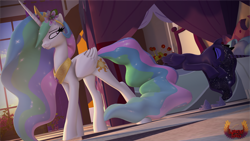 Size: 7680x4320 | Tagged: safe, artist:loveslove, imported from derpibooru, princess celestia, princess luna, alicorn, pony, 3d, absurd file size, absurd resolution, bed, cute, cutelestia, duo, duo female, ethereal mane, ethereal tail, eyes closed, female, flower, flower in hair, folded wings, horn, jewelry, looking at someone, lunabetes, pillow, potted plant, regalia, royal sisters, siblings, sisters, sleeping, smiling, starry mane, starry tail, tail, wings