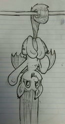 Size: 672x1280 | Tagged: safe, artist:whiskeypanda, imported from derpibooru, fluttershy, bat pony, pony, bat ponified, doodle, flutterbat, hanging, hanging by tail, hanging upside down, happy, ink, ink drawing, lined paper, looking at you, monochrome, open mouth, race swap, solo, traditional art, upside down, waving, waving at you