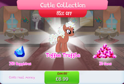 Size: 1264x857 | Tagged: safe, idw, imported from derpibooru, toffee truffle, earth pony, pony, brown coat, brown fur, bundle, costs real money, english, female, gameloft, gem, idw showified, mare, numbers, official, sale, solo, solo focus, table, tail, text, white mane, white tail