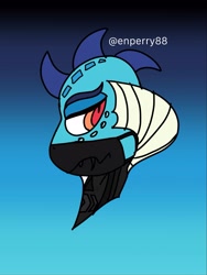 Size: 1537x2049 | Tagged: safe, artist:enperry88, imported from derpibooru, princess ember, dragon, series:kensatober, series:mlp x toni kensa, black background, blue background, clothes, collaboration, crossover, dragoness, dragons wearing clothes, face shield, female, gradient background, jacket, kensatober, light blue background, looking at you, navy background, nylon, simple background, solo, splatoon, splatoon 3, takoroka, takoroka x toni kensa, toni kensa, windcrusher jacket, zipper