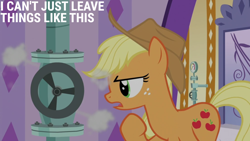 Size: 1920x1080 | Tagged: safe, edit, edited screencap, editor:quoterific, imported from derpibooru, screencap, applejack, steam gauge, earth pony, pony, applejack's "day" off, season 6, applejack's hat, cowboy hat, female, freckles, hat, mare, open mouth, raised hoof, raised leg, solo, spa