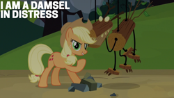 Size: 1920x1080 | Tagged: safe, edit, edited screencap, editor:quoterific, imported from derpibooru, screencap, applejack, earth pony, pony, season 3, spike at your service, applejack's hat, bad acting, cowboy hat, damsel in distress, female, freckles, grin, hat, mare, puppet, raised hoof, raised leg, rock, smiling