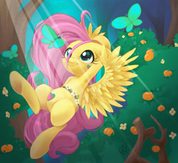 Size: 1920x1765 | Tagged: safe, artist:redi, imported from derpibooru, fluttershy, butterfly, pegasus, pony, bush, crepuscular rays, female, floppy ears, flower, flying, forest, mare, smiling, solo, spread wings, waistband, wings