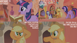 Size: 4400x2475 | Tagged: safe, edit, edited screencap, editor:quoterific, imported from derpibooru, screencap, applejack, rarity, twilight sparkle, earth pony, pony, unicorn, look before you sleep, season 1, applejack's hat, book, cowboy hat, cross-eyed, eyeshadow, female, freckles, frown, golden oaks library, gritted teeth, hat, magic, makeup, mare, open mouth, open smile, quill, rarity is not amused, smiling, spoopy, teeth, telekinesis, unamused, unicorn twilight