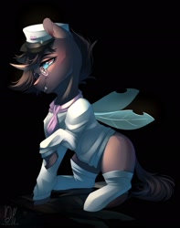 Size: 1617x2048 | Tagged: safe, artist:bambudess, imported from derpibooru, oc, oc only, oc:rosie clockwork, changeling, pony, ascot, black background, changeling oc, clothes, crossdressing, femboy, glasses, hat, insect wings, male, raised hoof, simple background, sitting, socks, solo, spread wings, stockings, sweater, thigh highs, wings