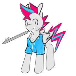 Size: 2000x2000 | Tagged: safe, artist:shiiiny, imported from derpibooru, zipp storm, pegasus, pony, chest fluff, clothes, colored sketch, cosplay, costume, crossover, female, folded wings, g5, mare, mouth hold, shirt, simple background, solo, standing, sword, the legend of zelda, the legend of zelda: breath of the wild, weapon, white background, wings