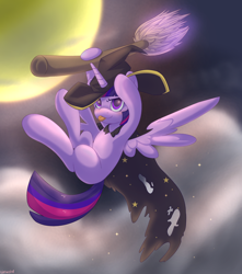 Size: 2646x3000 | Tagged: safe, artist:nanazdina, imported from derpibooru, twilight sparkle, alicorn, broom, commission, flying, flying broomstick, halloween, holiday, moon, solo, tongue out, twilight sparkle (alicorn), ych example, your character here